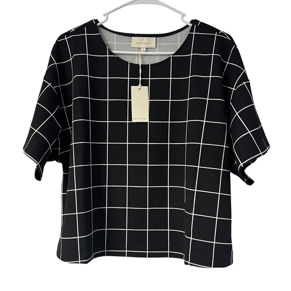 Melloday Women's Grid Print Top Boxy Short‎ Sleeve Blouse Black White Size XL - Picture 1 of 5